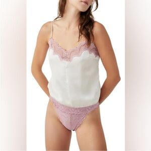 Free People Intimately D8 Night Satin Lace Trim Bodysuit - Evening Cream